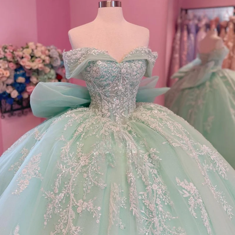 

Mint Green Quinceanera Dress off-shoulder White Glitter Crystal Decal Lace Long tail Bow vestidos de 15 Quinceanera ﻿Customize