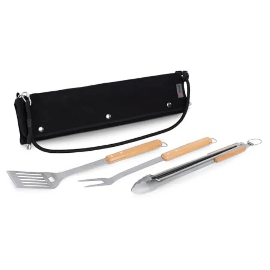 

BBQ Roll Up 3 Piece Set Outdoor BBQ Accessories with Black Canvas and Beechwood Tools Grilling Accessories for Barbecue BBQ Too
