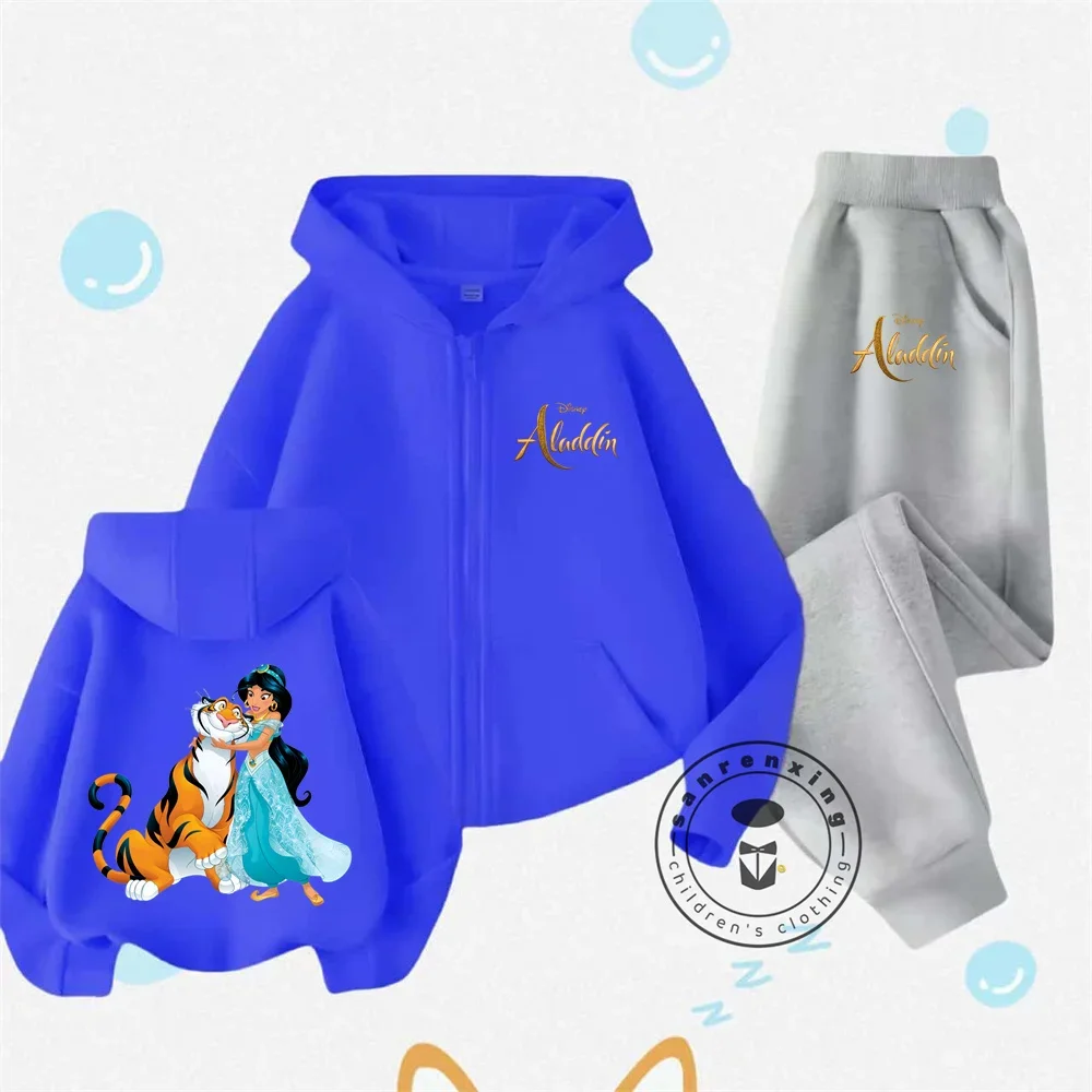 Aladdin Children Zipper Hoodie Set Disney Cartoon Print Autumn and Winter Long Sleeve Sweatshirt Boys and Girls Fashion Cute Top