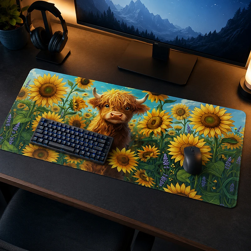 Tapis de souris Highland Cow in Sunflowers Gamer, impression à la demande, grand tapis de souris XXL, tapis de bureau, tapis de table doux, tapis de souris de bureau
