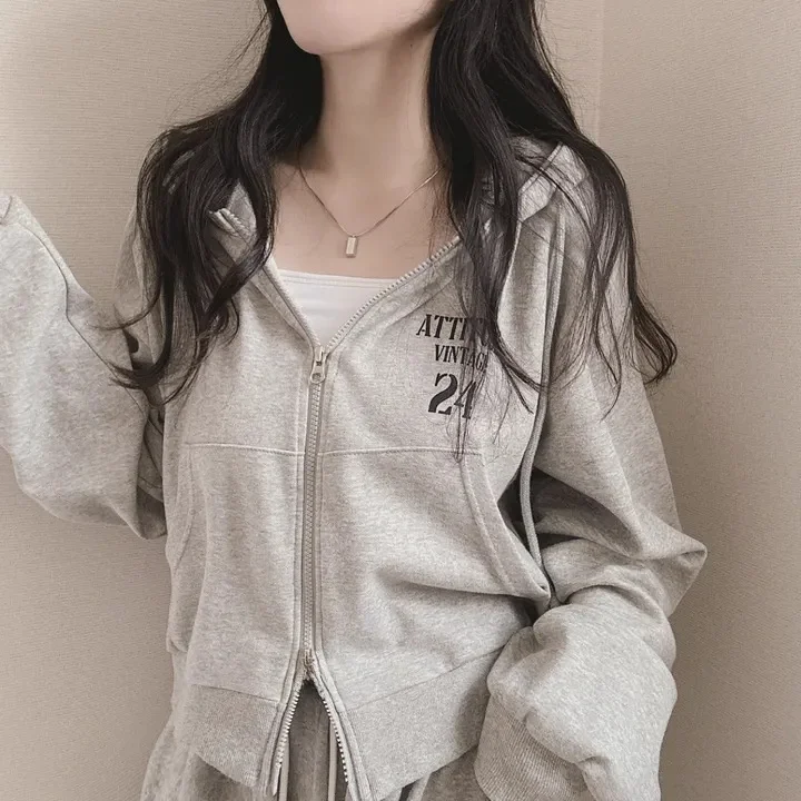 

Fashionable Short Women's Hoodie 3 Colors Spring Autumn New Korean Version Open Cardigan Jacket Zipper Sporty Chic Grey