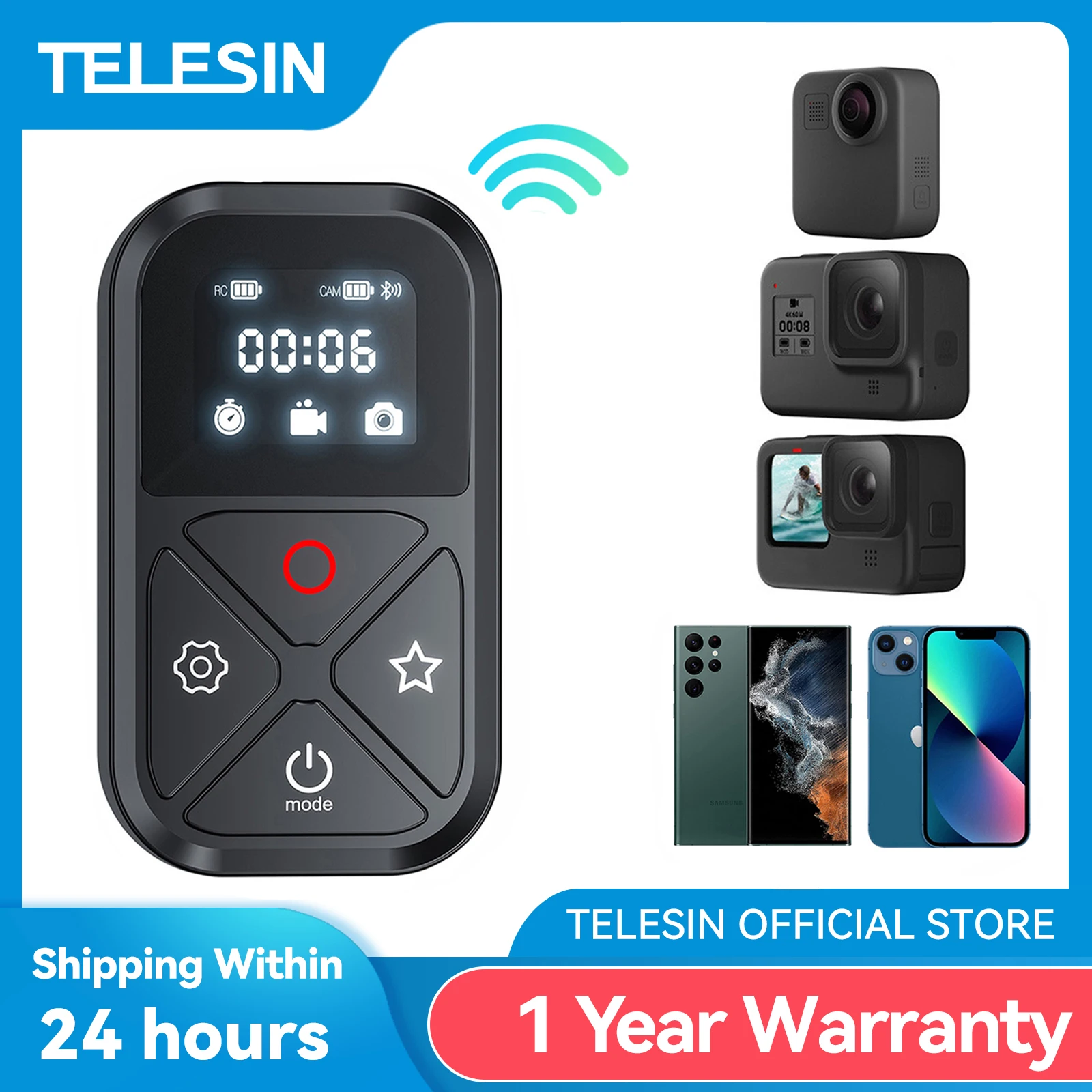 TELESIN 80M Bluetooth Remote Control For GoPro 11 Hero 11 10 9 8 Max With Wrist Strap For Smart Phone Action Camera Accessories