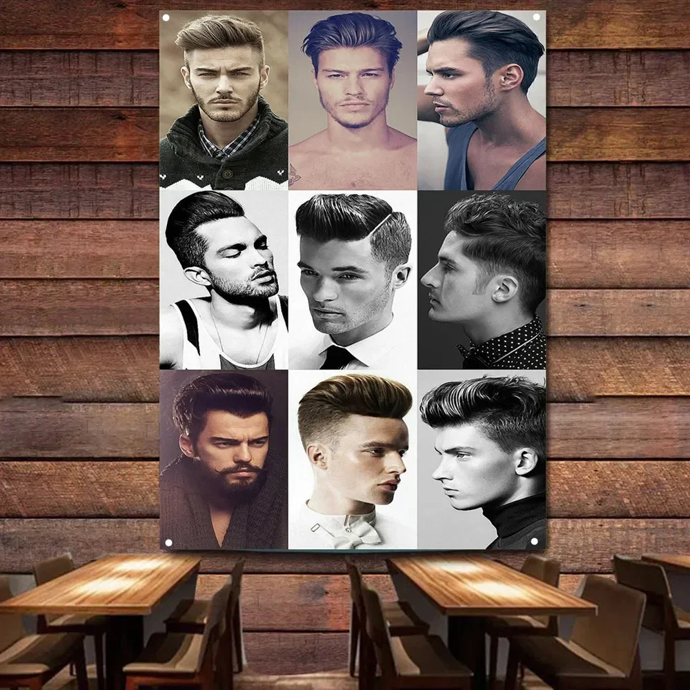 Top Business Hairstyles for Men Retro Barber Shop Advertisement Plaque Wall Decor Banner Flag Haircut and Shave Poster Tapestry