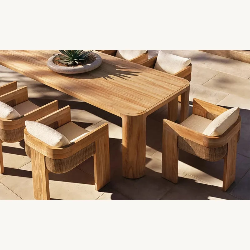 Teak rectangular dining table, solid teak wood with natural texture and wide legs, modern outdoor terrace dining set