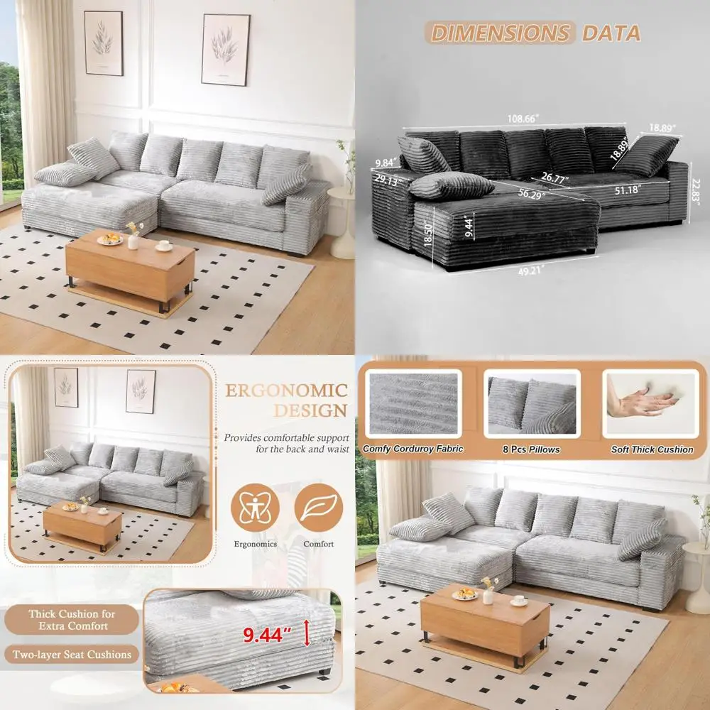 أريكة مقطعية حديثة على شكل حرف L بمقعد عميق مع مسند وتخزين، راحة 108.6 على شكل سحابة سروال قصير، تتضمن 8 وسائد