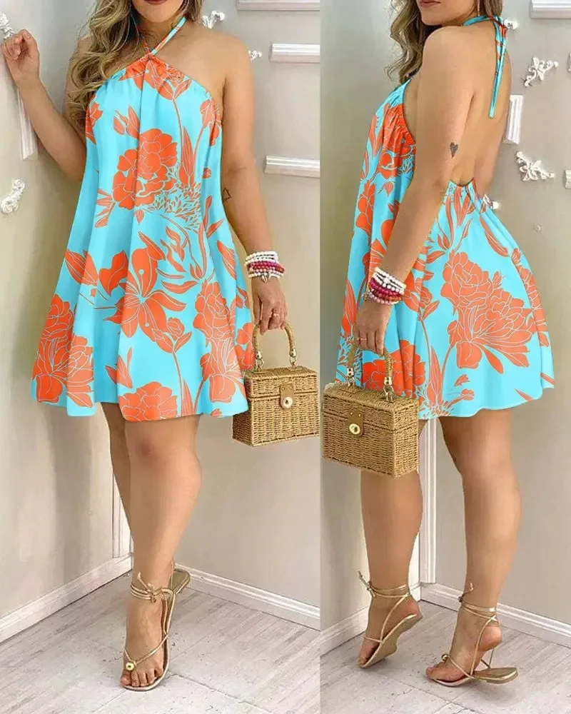 Damen Neckholder-Kleid Ärmellos mit Blumenmuster, Locker Geschnittenes Mini-Kleid, Lässiges Strand- und Urlaubskleid für den Sommer – Detail 6