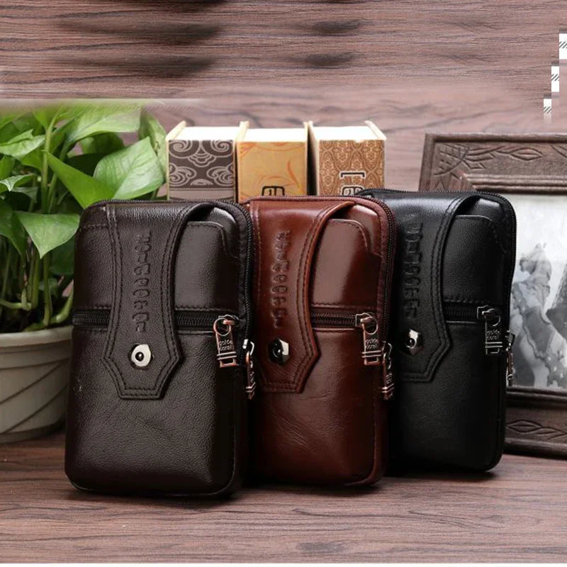 Genuine Leather Men Hip Bum Fanny Waist Pack Belt Purse Hook Natural Skin Mini Messenger Shoulder Cell/Mobile Phone Case Bag