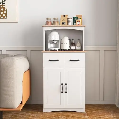 Wooden-Style Coffee Bar Cabinet with Doors & 2 Drawer - Microwave Stand with Storage, Adjustable Shelfes for Kitchen