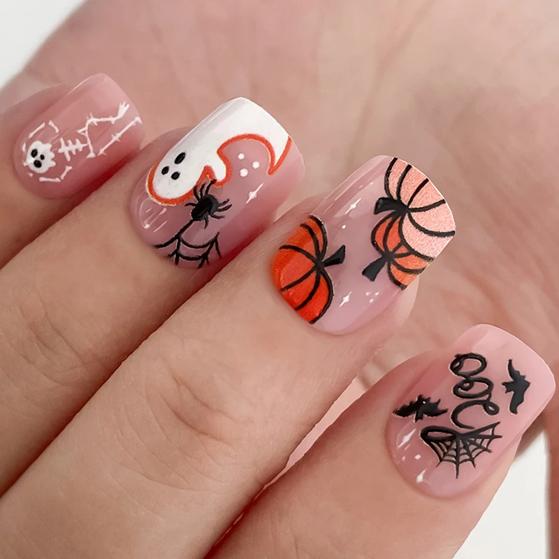 24pcs/set Halloween Press On Nails With Plant and Holiday Elements Design Set Short Square Shape Fake Nails for Party With Tools