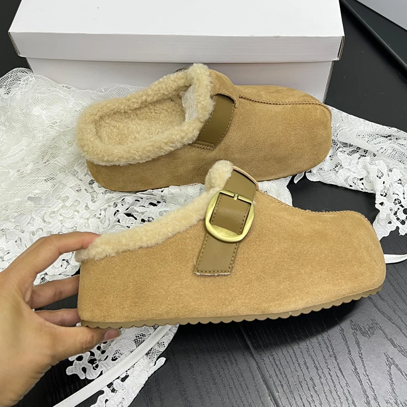 

Women's Cotton Slippers Fur Flats Platform Warm Mules Shoes Slingback Suede Snow Boots 2025 Winter New Cozy Fashion Mujer Botas