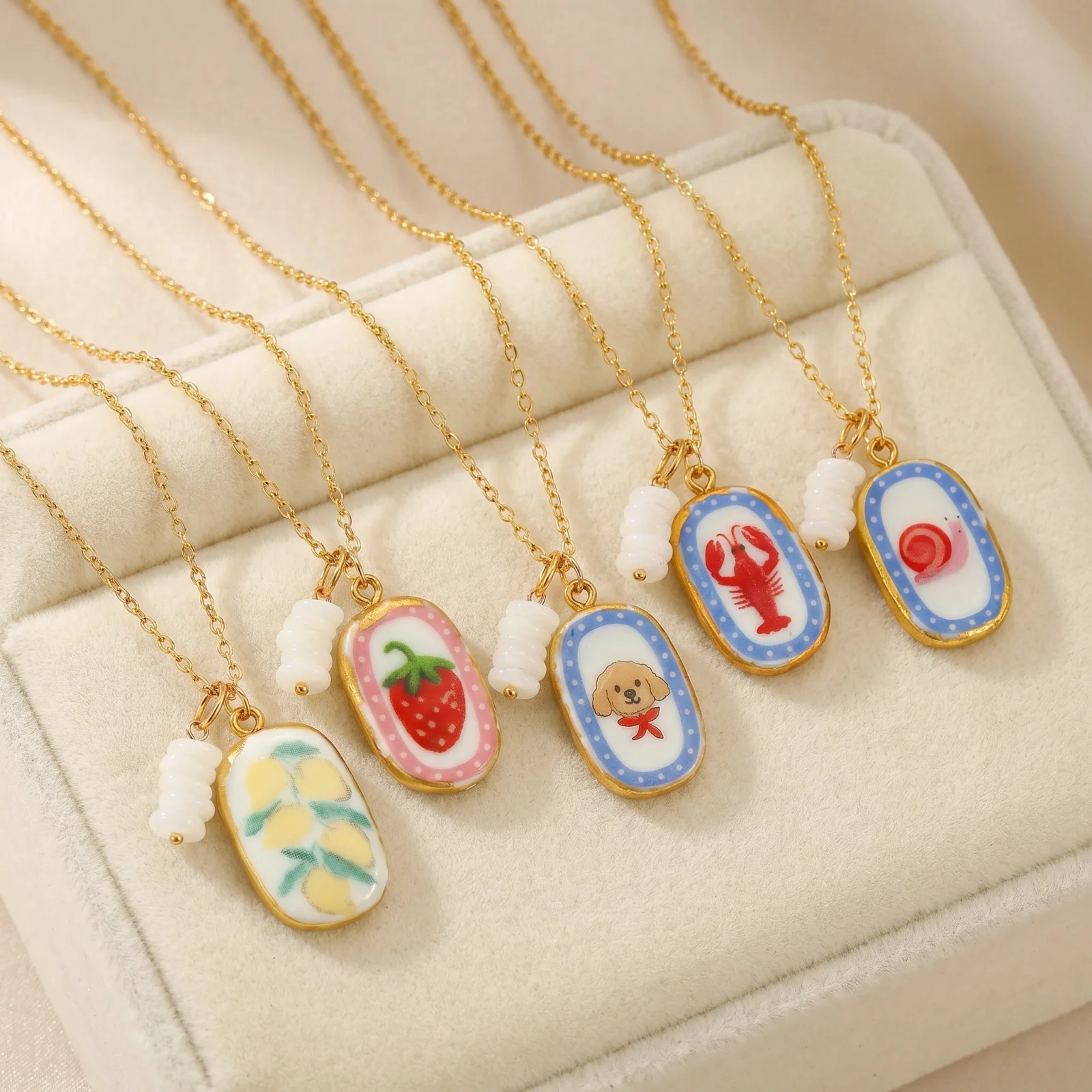 1pc Stainless Steel Necklace Link Cable Chains Multicolor Oval Ceramic Hand-Printed Dog  Lobster Pendant Necklace Women Jewelry