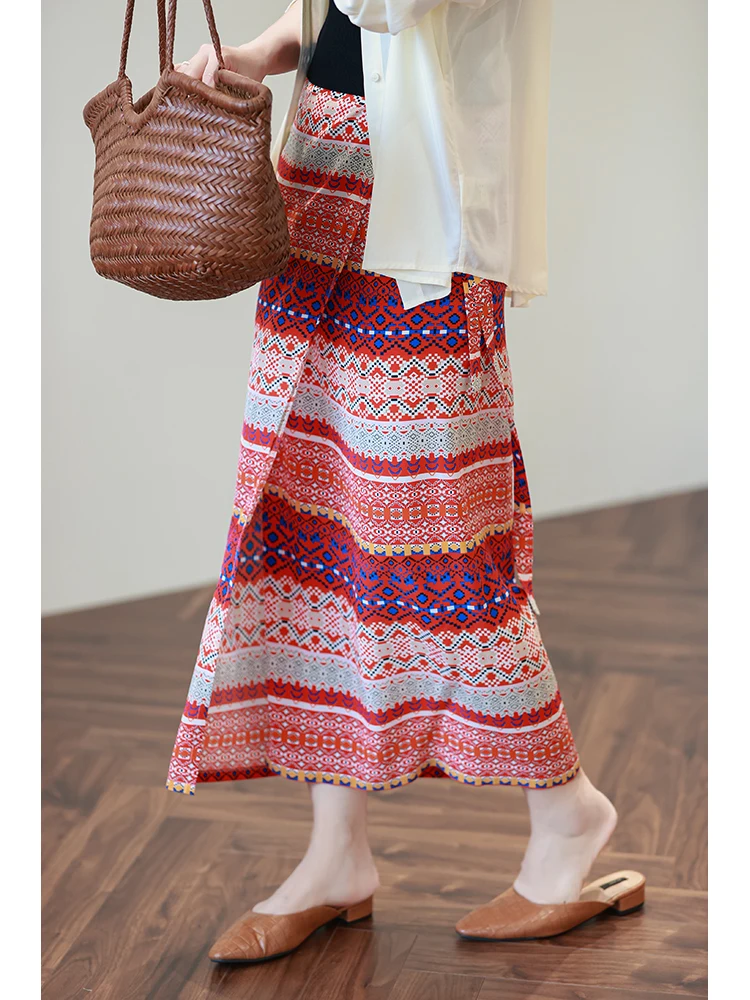 

Silk Wrap Skirt Ethnic Sle High Waist A-Line Midi Skirt Printed Summer Wrap Skirt Silk Tie Dye Skirt Women's Skirt