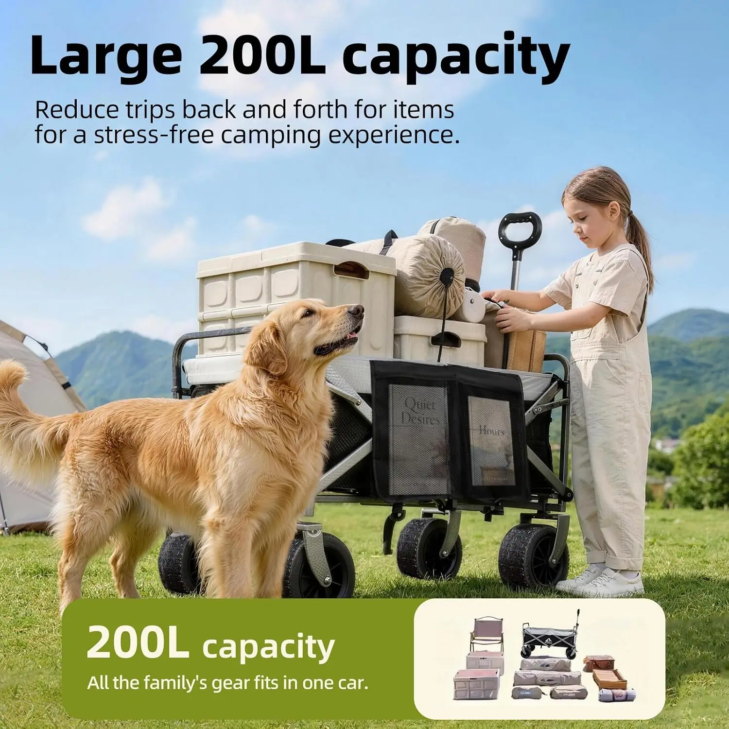 Heavy Duty Collapsible Folding Wagon Cart with Wheels, Portable All-Terrain Beach Trolley, 360° Rotating Adjustable Handle, Camping Utility Cart for Outdoor Sports and Garden