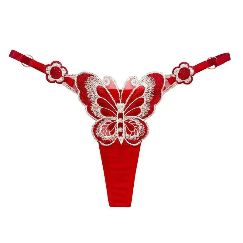 

Plus-size Women's Sexy Underwear, Cute Butterfly Pattern Embroidered Thong G-string Bright Red Adjustable Exotic Panties T-back