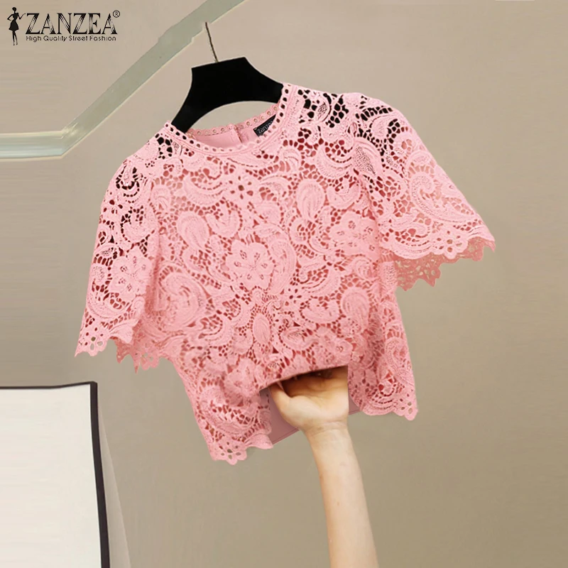 

ZANZEA Women Blouse 2025 Summer Lace Patchwork Shirts Short Puff Sleeve Solid Color Tunic Tops O-Neck Casual Loose Blusas Femme