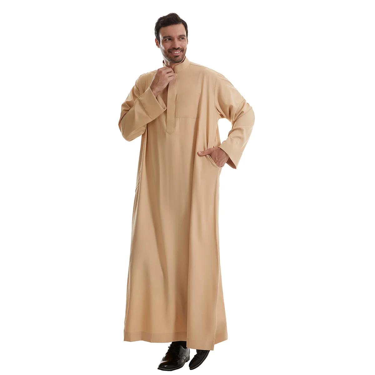 Ramadan Saudi Polyester Muslim Men's Robe Jubba Thobe Stand Collar Robe Pocket Design Arab Middle Eastern Menswear Muslim Arabic