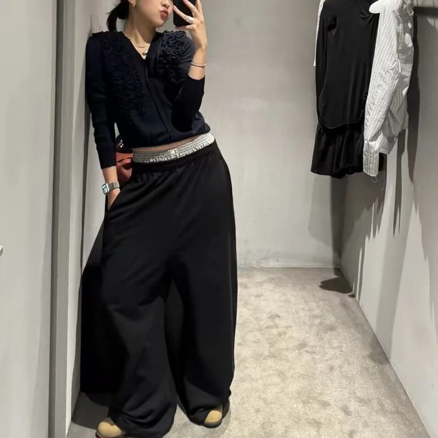 

Casual Plaid Patchwork Double Layer Waist Fake Two-Piece Loose Wide Leg Sweatpants Long Pants Organic Cotton Knitted High Waist