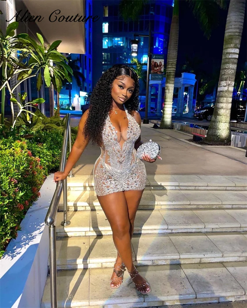 Sukienka na urodziny 2025 Srebrne Koraliki Krótka Sukienka na Bal Kryształowe Dżety Sukienka Koktajlowa typu Halter Sukienka na Powrót do Szkoły dla Starszych Dzieci Personalizowana