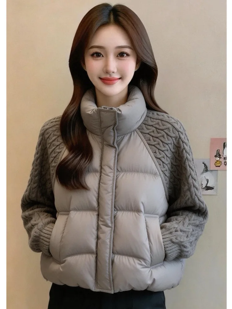 Korean Style Knitted Cotton Jacket Women's Fashion Patchwork Bread Shirt Loose Fit Zipper Closure Casual Wear Small Size
