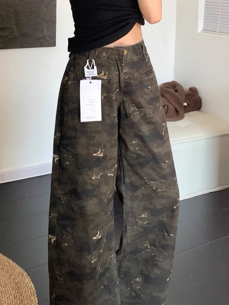 American Retro Camouflage Jeans for Women 2026 New High Waisted Straight Leg Pants Autumn Casual Printed Loose Work Pants