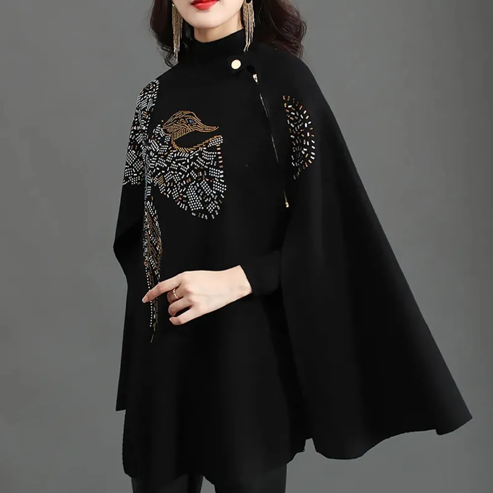 Women Shawl Batwing Sleeve Poncho Sweater Winter Knitted Cashmere Cloak Eagle Pattern Handmade Bead Sequin Embroidered Cape Coat