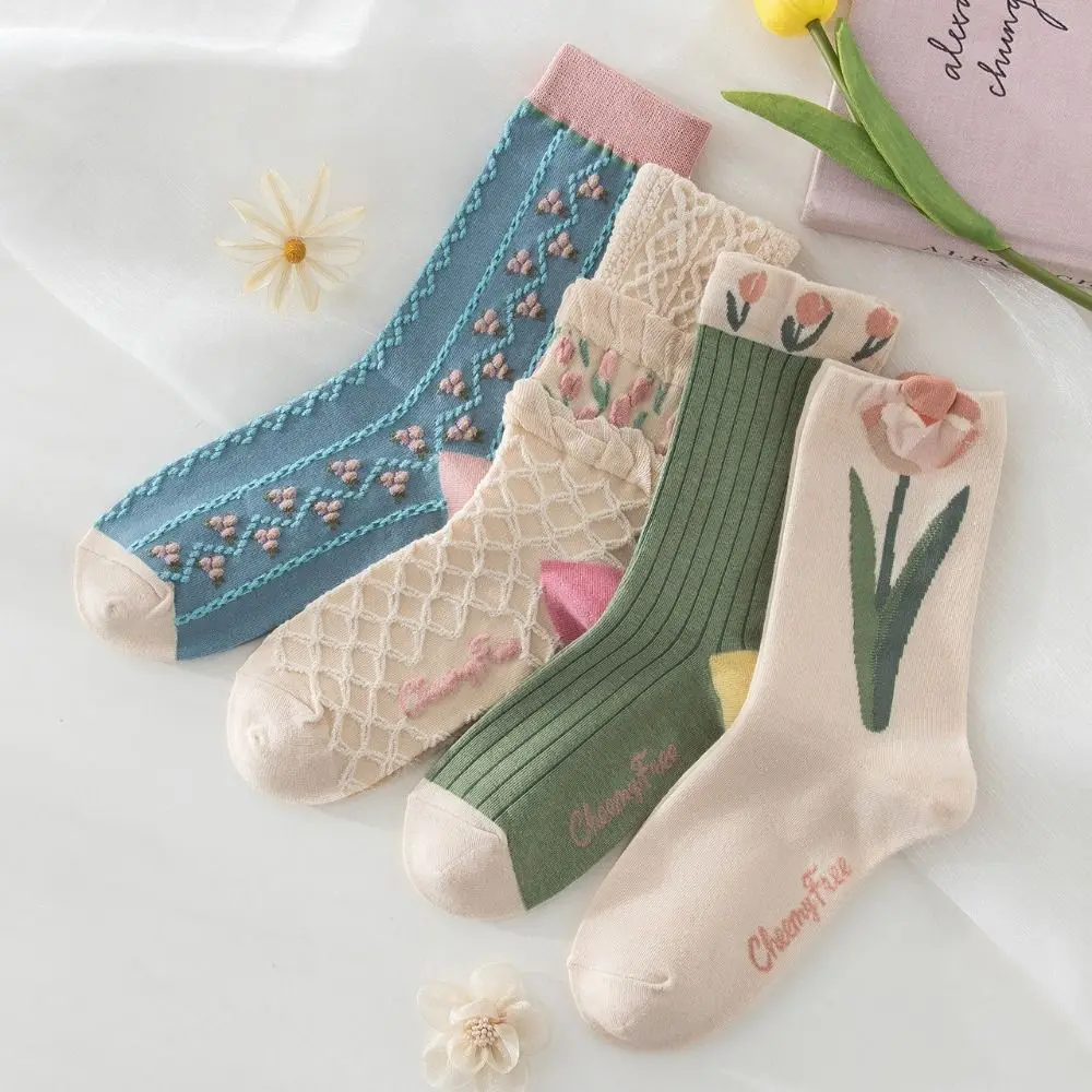 Summer Tulip Women's Flower Socks Warm Vintage Lace Socks Soft Spring Cotton Socks Ladies