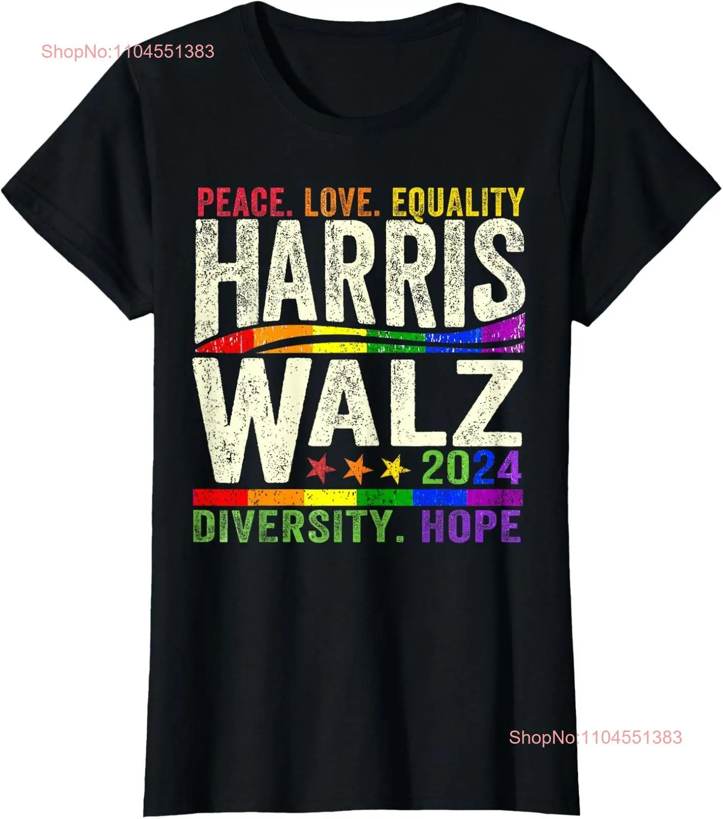 تي شيرت Harris Walz لعام 2024 Peace Love Hope Elections للسيدات برقبة دائرية