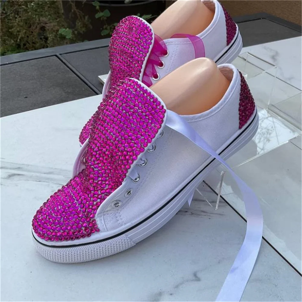 White low top purple rhinestone ribbon accessories custom style canvas shoes integrated sports casual shoes women\'s shoes 35-46