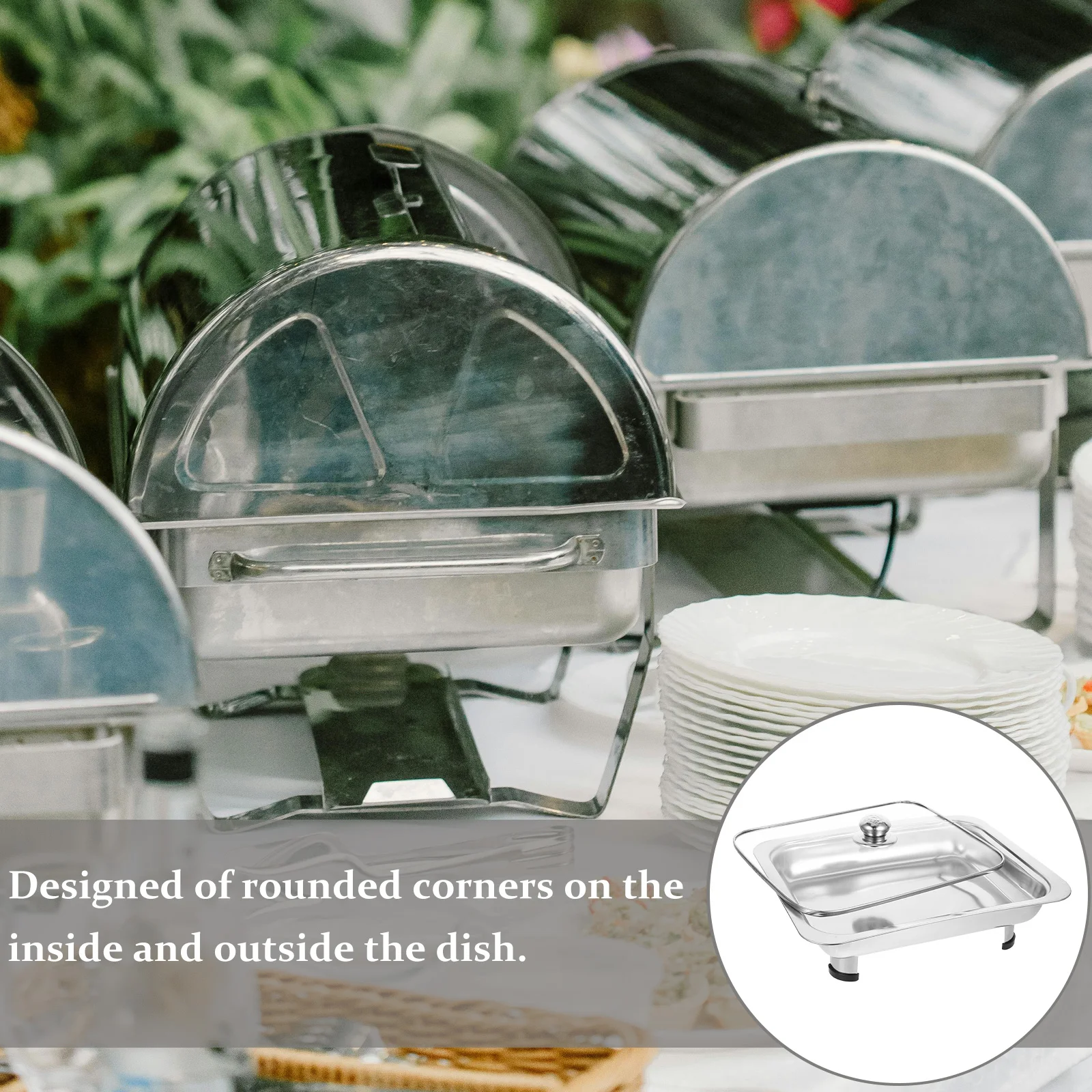 

Stainless Steel Rectangular Buffet Tray Smooth Surface Easy Clean Cover Rounded Corners Four Legs Stable Canteen Display Food