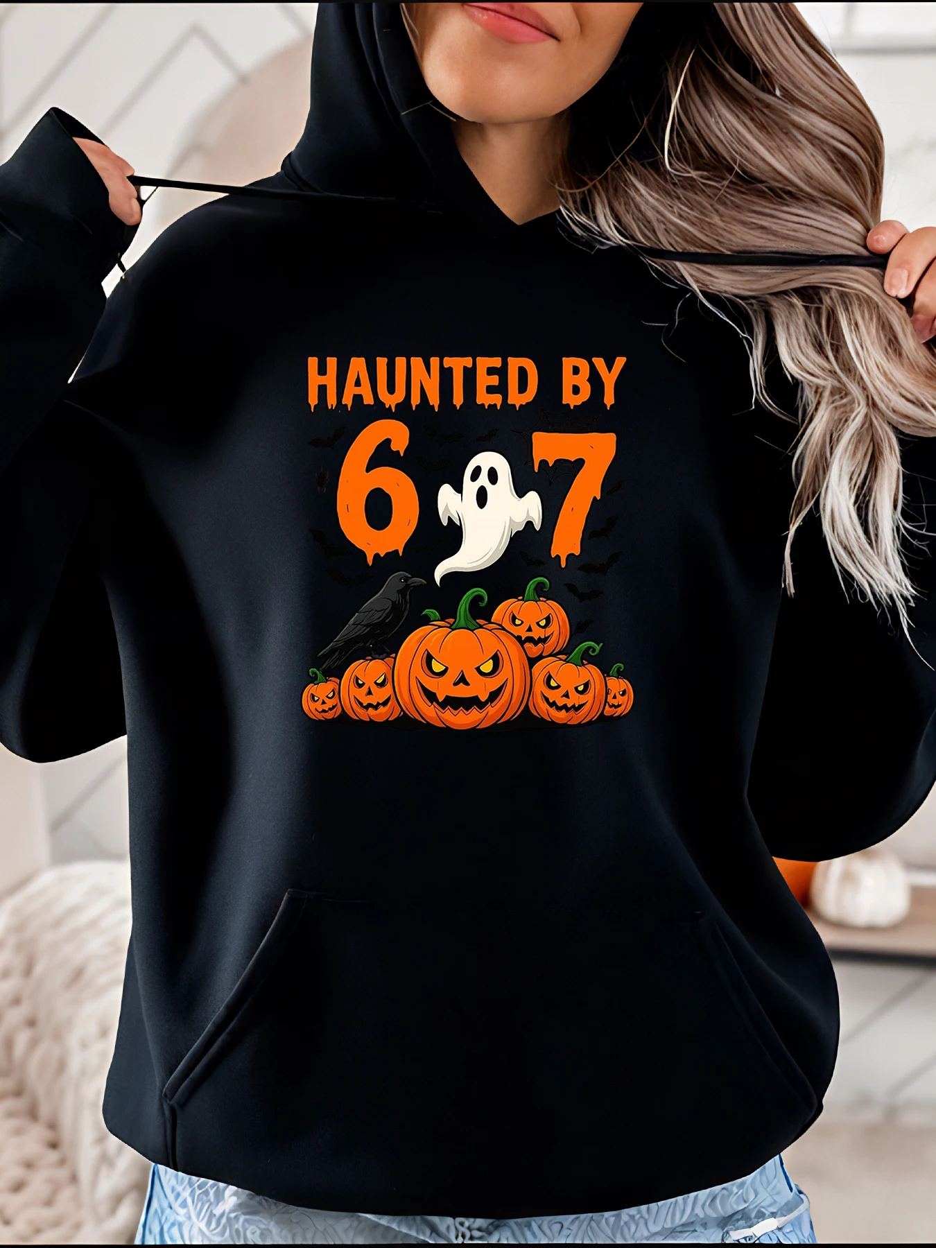 

Halloween Hoodie Haunted by 67 Ghost Pumpkin Print Women's Casual Sweatshirt Autumn Seasonal Costume Outfit