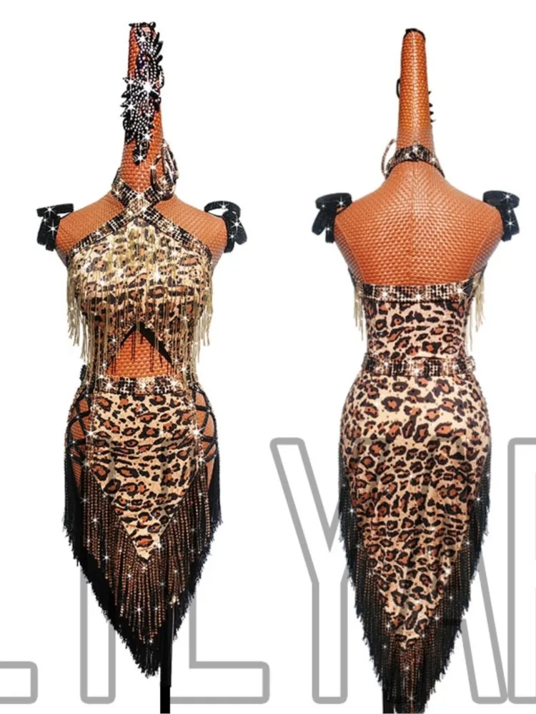 

New Latin Competition Performance Dress Adult Female Leopard Pattern Hollow European And American Fringe Dance Skirt