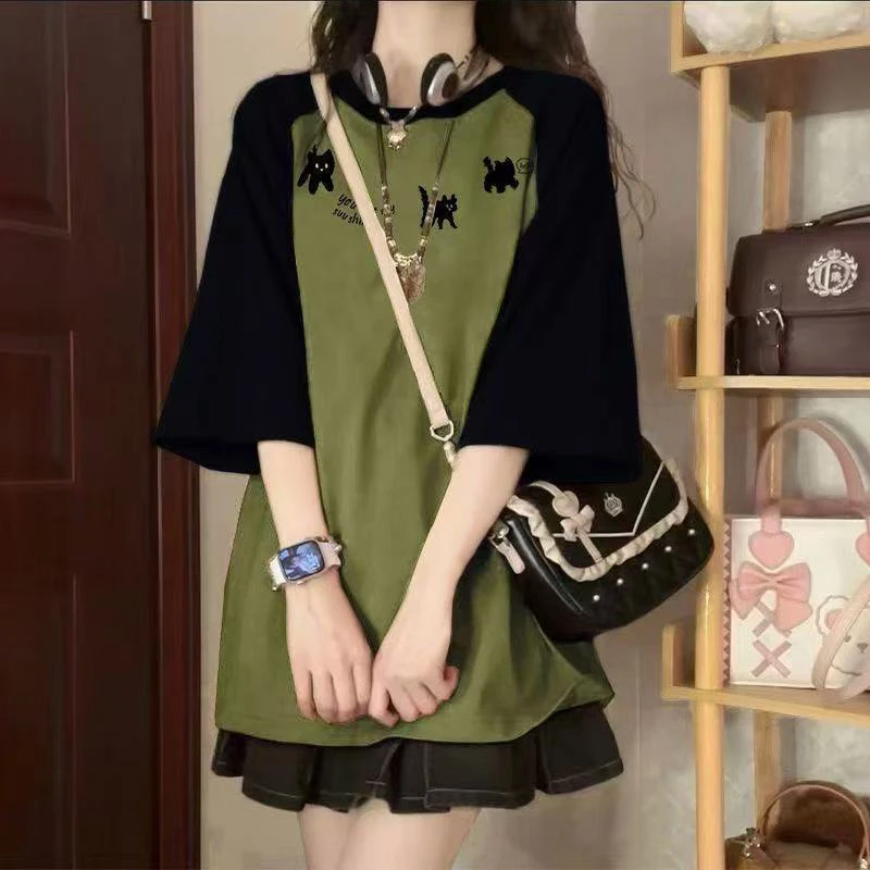 2025 Summer Cat Women O Neck Short Sleeve T Shirt Cotton Comfortable Teenager Vintage Spliced Hit Color All-match Loose Clothing