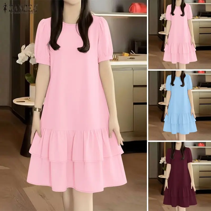 Elegantes Sommerkleid 2026 ZANZEA Damen Kurzarm-Arbeitskleid Lässiges Einfarbiges Knielanges Kleid Stilvolles Kleid mit Rüschensaum