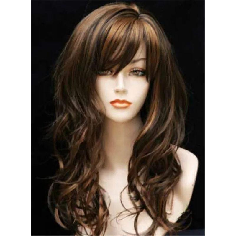 

100% Real Hair Natural Brown Long Curly Hair Full Bang Uncovered Women's Wig 22 Inches