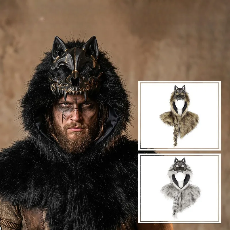 Capa de Hombro con Gorro de Calavera de Lobo Vikingo Medieval de Piel Sintética para Halloween, Disfraz de Cosplay, Accesorios para Fiestas de Carnaval, Tocado