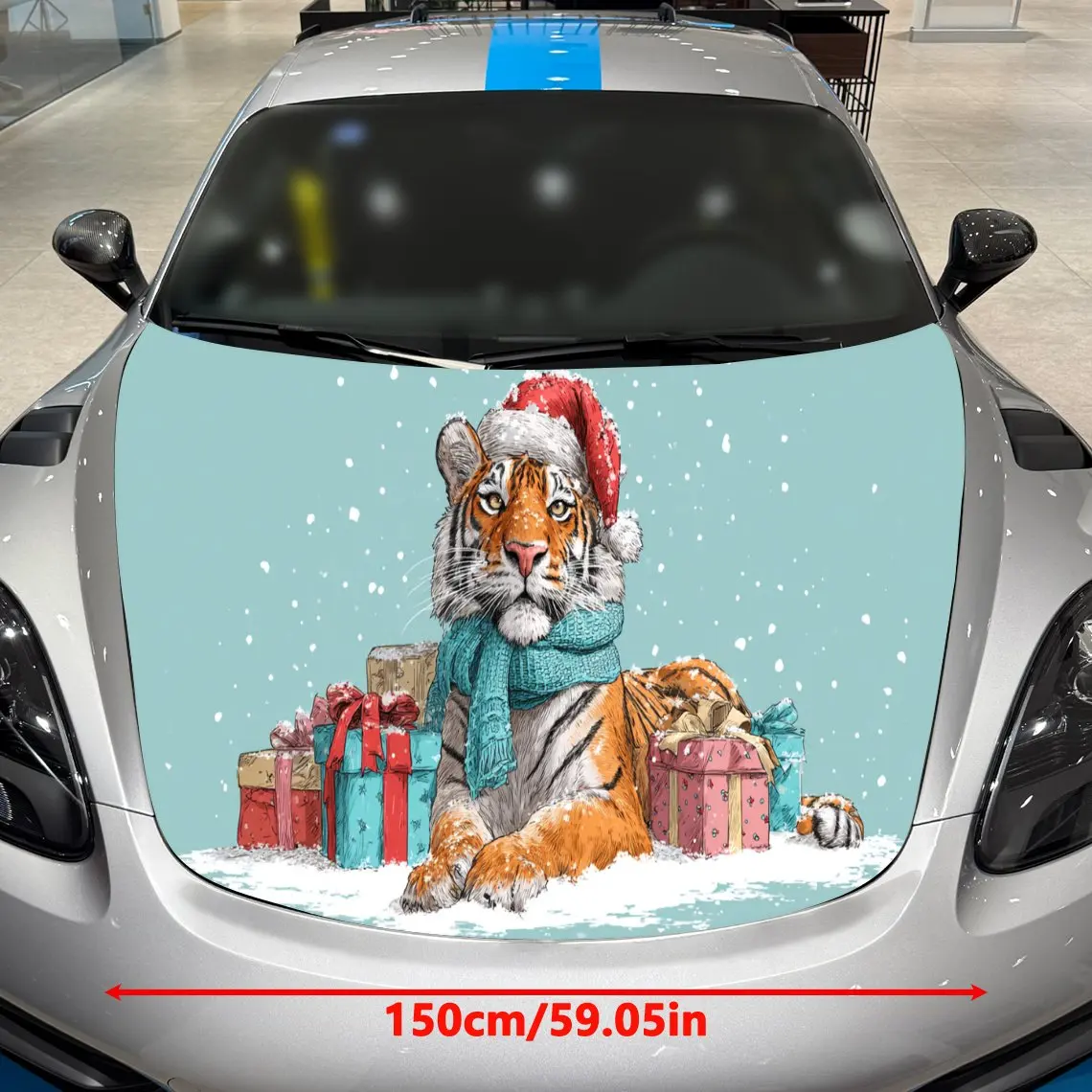 Christmas Tiger and Gifts Car Cover Sticker, Auto Hood Decal, Car Exterior Scratch Resistant Decal, Trendy Gift for Car Lovers,