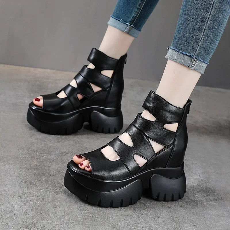 Fujin 8.5cm Sandals Ankle Boots Platform Slides Hollow Ladies Shoes Natural Genuine Leather Women Summer Breathable Wedge Heel