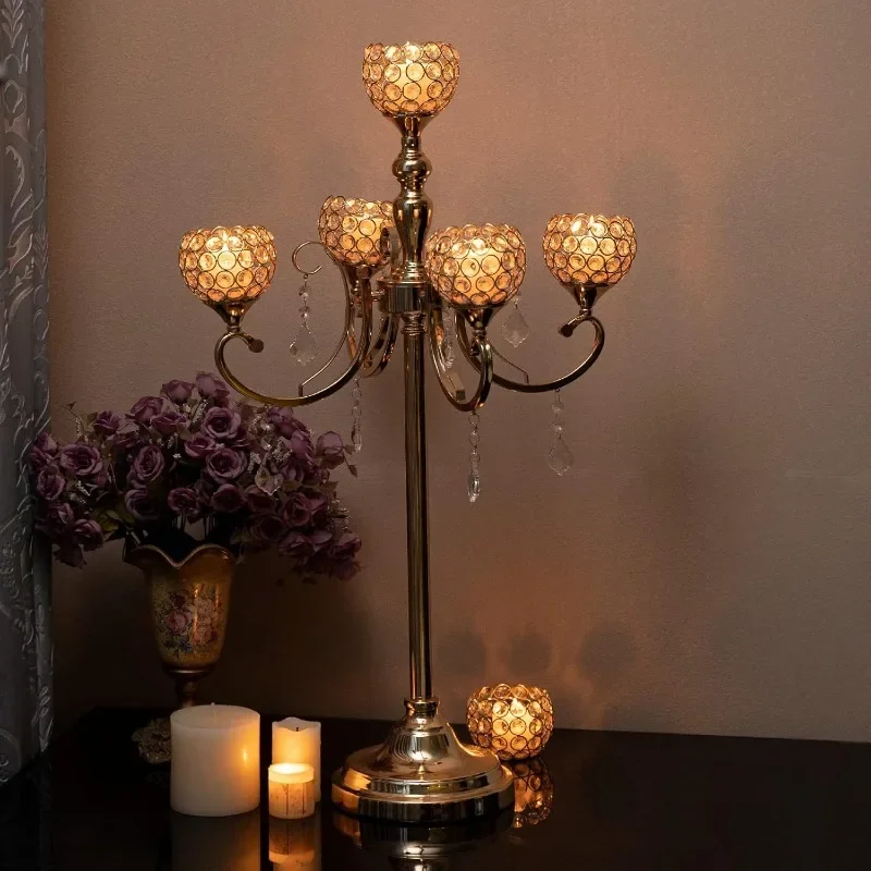 Gold Crystal Candelabra for Table,Metal Candle Stand Centerpiece Crystal 5 Arm Floor Candlesticks Holder for Wedding Christmas