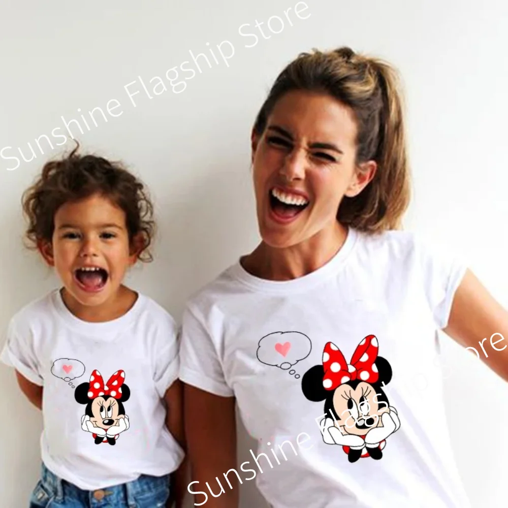 New Mother Kids Tshirts Funny Minnie Mouse Family Matching Outfits Summer White Short Sleeve Mother Daughter Matching Clothes