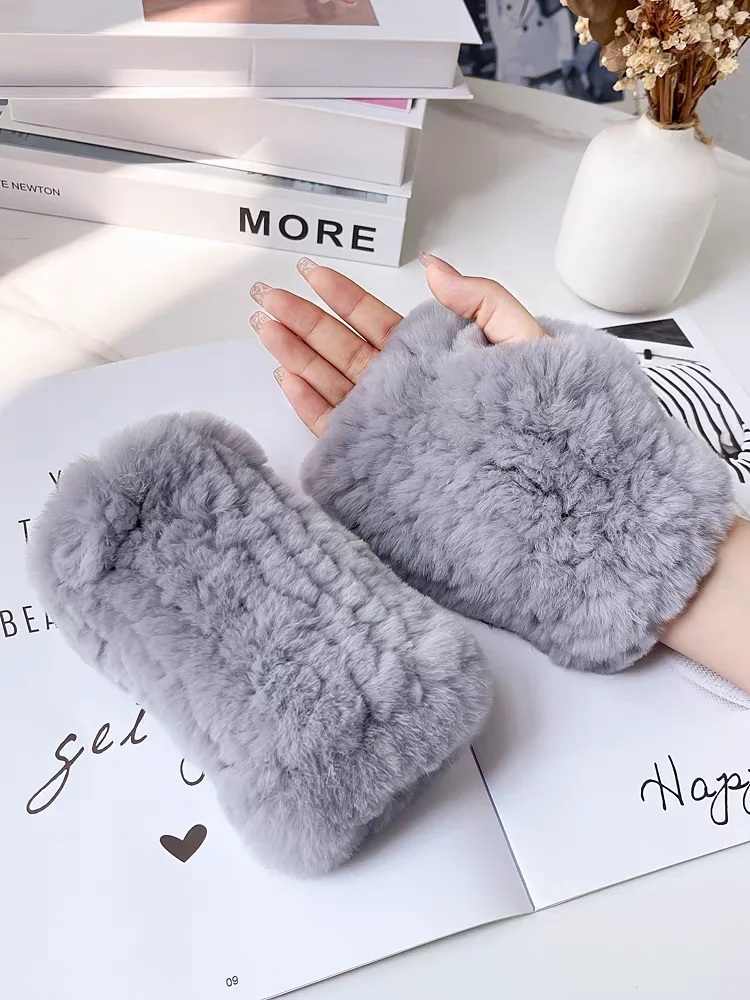 جديد وصول الإناث قفازات فرو الأرنب الطبيعي محبوك الدافئة ريال ريكس أرنب الفراء القفازات النساء الشتاء في الهواء الطلق ريكس قفازات فرو الأرنب