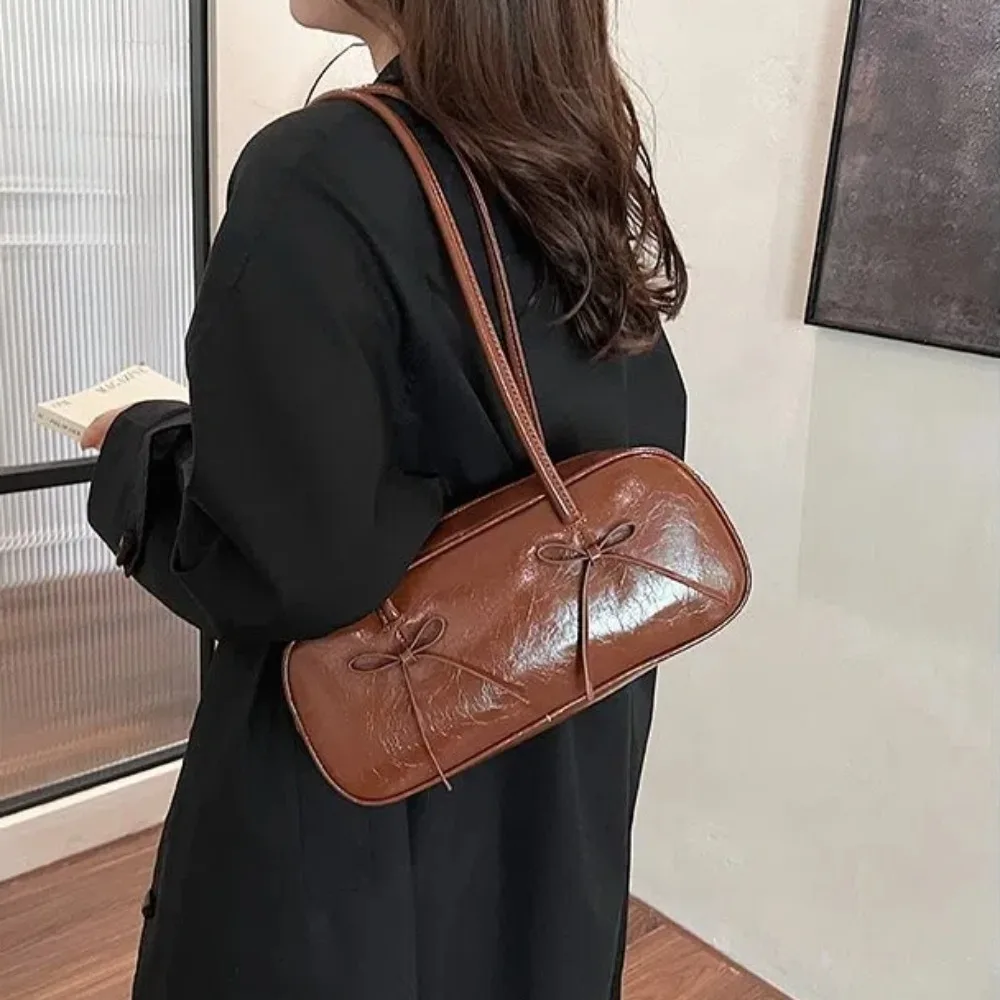 

Fashion Bow Design Shoulder Bag Large Capacity Soft Leather Lady Handbags Solid Color Tote Bag Winter