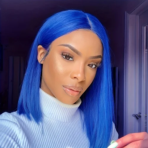 Peluca Bob recta azul marino de cabello humano brasileño prearrancada 13x4 HD pelucas frontales de encaje pelucas Bob de color liso de hueso 200 de densidad