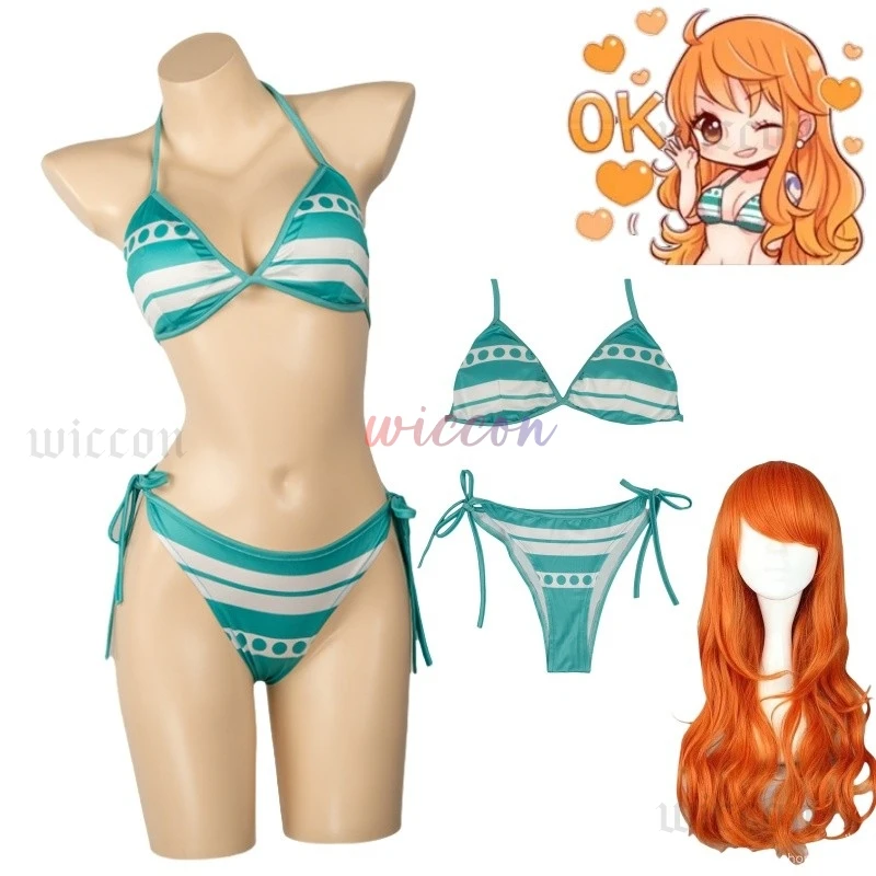 Anime Nami Cosplay Costume Two Years Ago Wig Green White Stripe Swimwear Summer Day Bikini Woman Sexy Carnival Suit