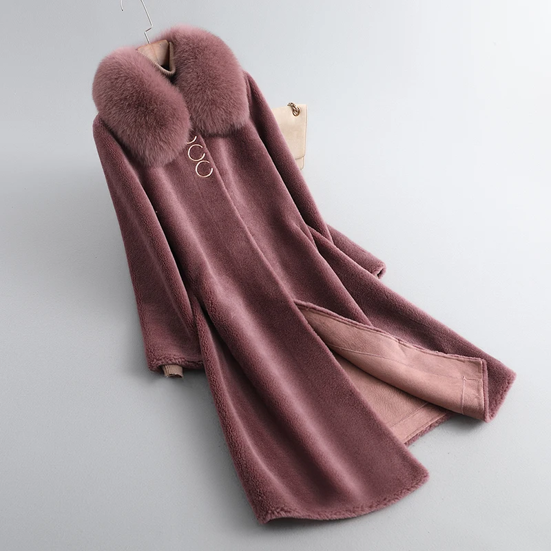 Ayunsue Schapen Scheren Jas Vrouwen Winter Elegante 100% Wollen Jassen Bontjas Vos Bontkraag Uitloper Abrigo Mujer Invierno 2023