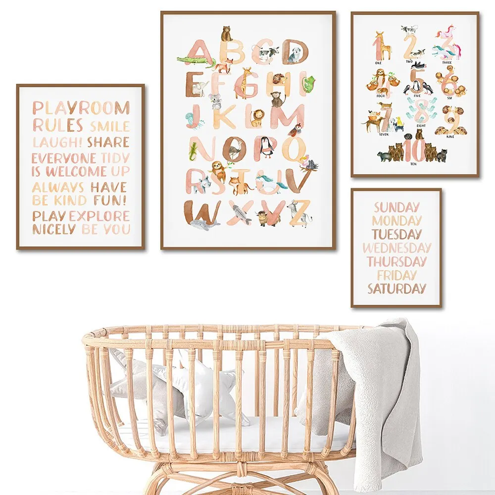 Animal World Map Poster  Educational ABC Alphabet Canvas Painting Play Rules Wall Print Picture for Kids Room Boho Nursery Home