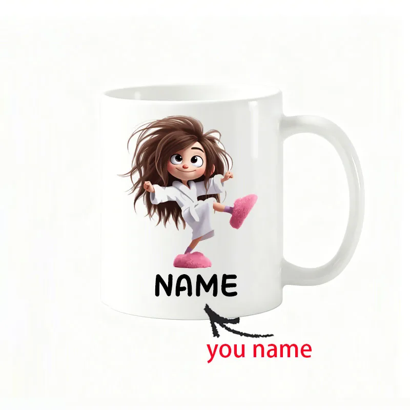 Personalized name mug, playful pajama girl design coffee mug, double-sided printing, perfect for gifting to family and friends.