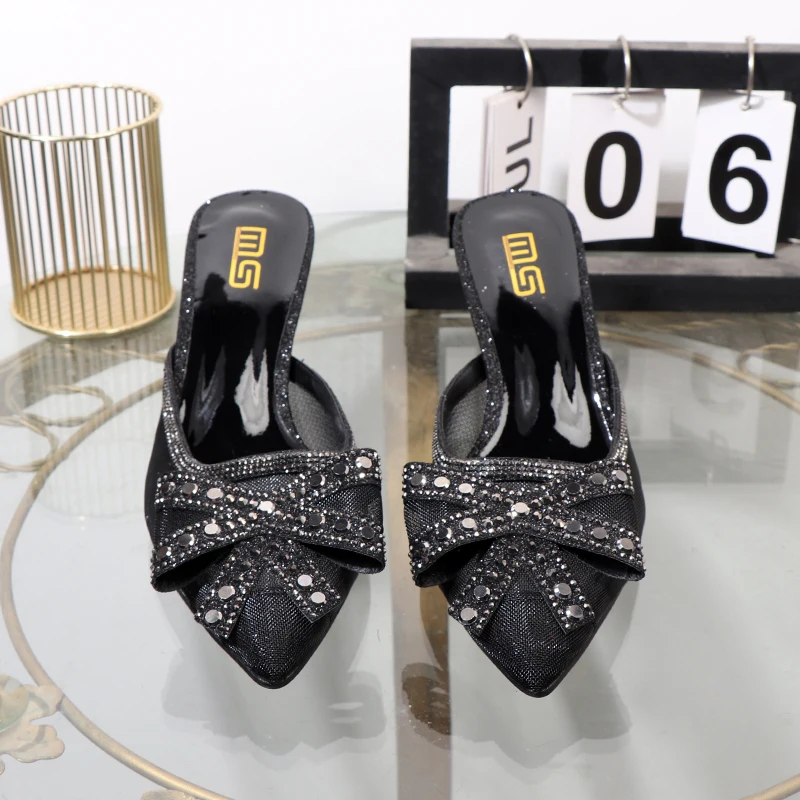 Golden slippers 2024 summer pointed shallow bow fashion high heeled sandals rhinestone gauze sandals Luxury banquet shoes