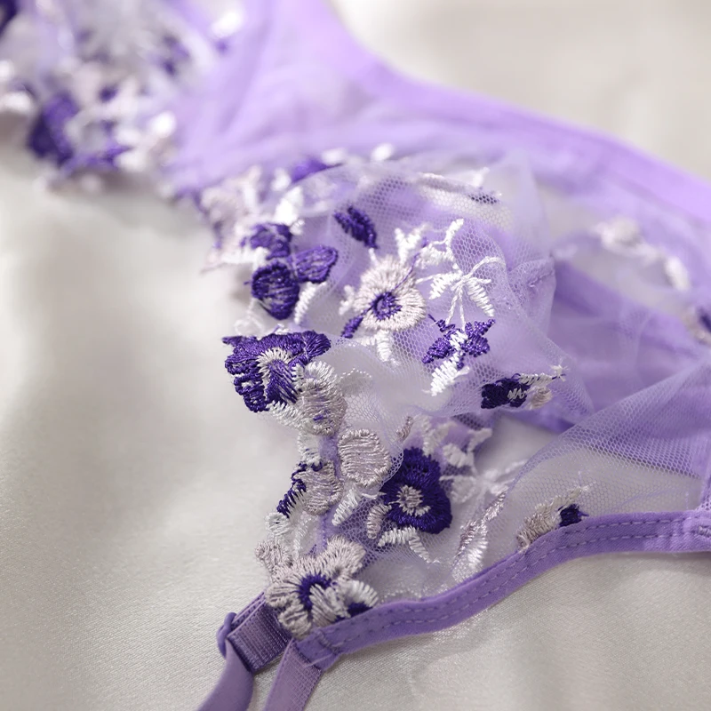 Purple Embroidery Sexy Lingerie Set Hot Semi-Sheer Temptation Bra And Panties Sets Fancy Erotic Sleepwear Beautiful Underwear