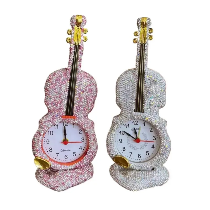 Glass Rhinestone Violin Clock Handmade HK Bling-bling Shiny Statue Handmade Cross Stitch Mosaic Christmas Kids Birthday Gift