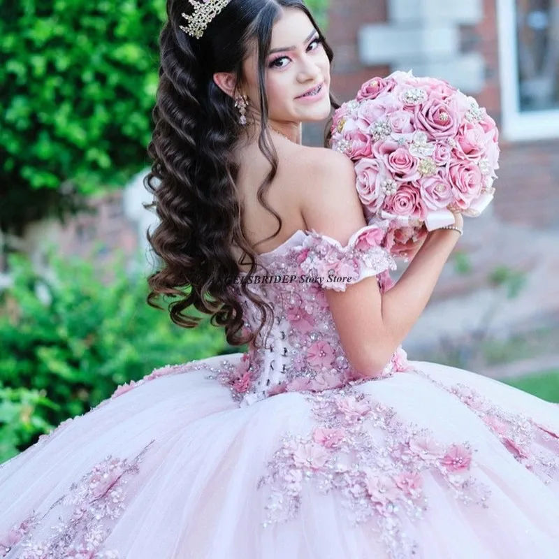 ANGELSBRIDEP-vestido Quinceanera rosa, doce Quinceanera 16, Princesa Flower Applique, miçangas de renda, aniversário formal, 15 anos